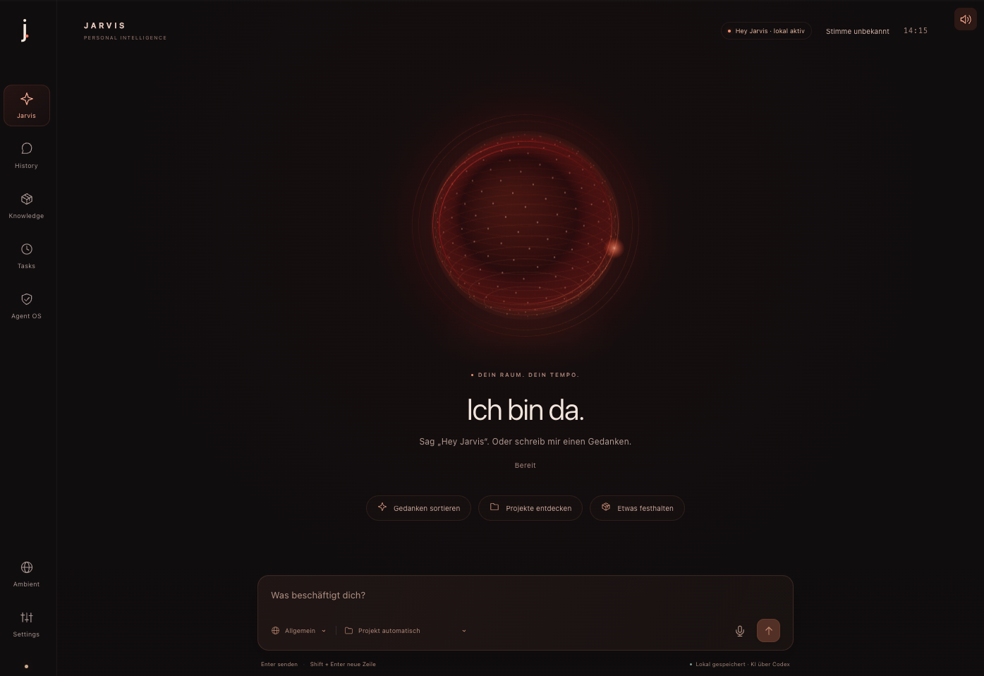 Jarvis-Oberfläche mit Navigation für Wissen, Aufgaben und KI-Agenten